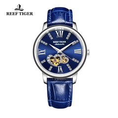 Reef Tiger/RT Luxury Brand Women Watches Steel All Blue Watches Leather Strap Diamond Watches Reloj Mujer RGA1580