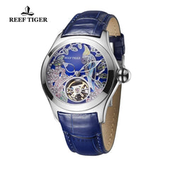 Reef Tiger Top Brand Luxury Women Watches Blue Leather Strap Analog Mechanical Watches Steel Sport Watches RGA7105