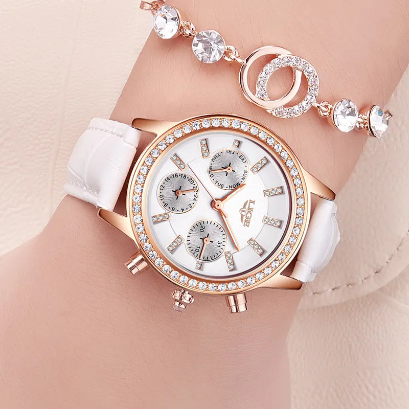 Relogio Feminino Women Watches LIGE Luxury Brand Girl Quartz Watch Casual Leather Ladies Dress Watches Women Clock Montre Femme