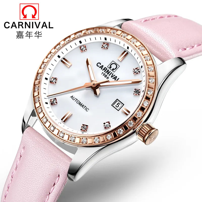 Montre femme 2019 CARNIVAL Fashion Automatic Watch Women Calendar Leather Strap 30m Waterproof Luminous Women Watches Top brand