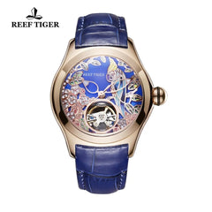 Reef Tiger Top Brand Luxury Women Watches Blue Leather Strap Analog Mechanical Watches Steel Sport Watches RGA7105