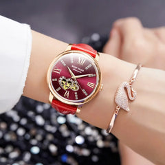 Reef Tiger/RT Luxury Brand Women Watches Rose Gold Automatic Watches Leather Strap  Diamond Watches Reloj Mujer RGA1580