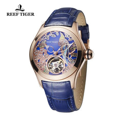 Reef Tiger Top Brand Luxury Women Watches Blue Leather Strap Analog Mechanical Watches Steel Sport Watches RGA7105