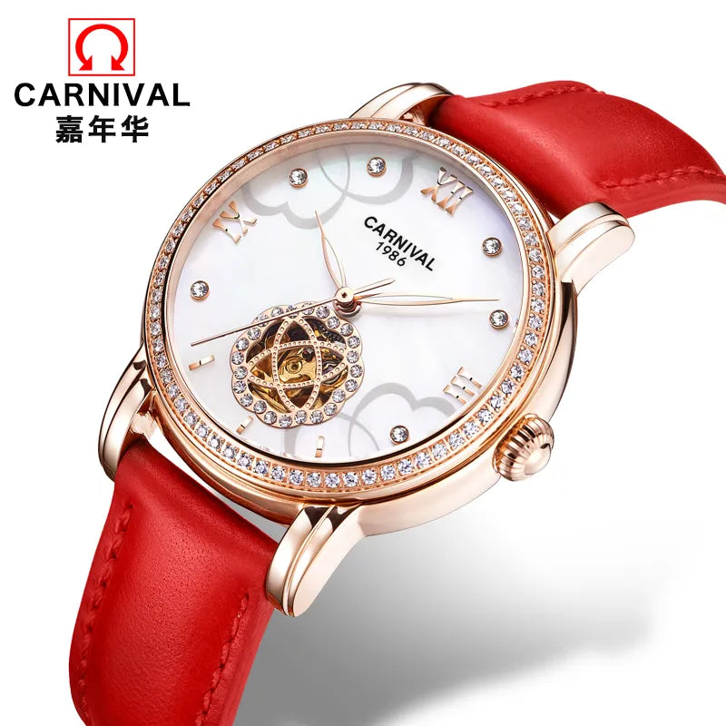 Montre femme Fashion Tourbillon Watch Automatic Watch Women CARNIVAL High-end Women Watches MIYOTA Leather band Luminous Relogio