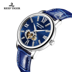 Reef Tiger/RT Luxury Brand Women Watches Steel All Blue Watches Leather Strap Diamond Watches Reloj Mujer RGA1580