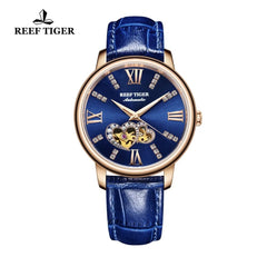 Reef Tiger/RT Luxury Brand Women Watches Steel All Blue Watches Leather Strap Diamond Watches Reloj Mujer RGA1580