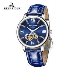 Reef Tiger/RT Luxury Brand Women Watches Steel All Blue Watches Leather Strap Diamond Watches Reloj Mujer RGA1580